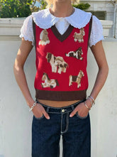 Knit Horse Graphic V-Neck Contrasting Binding Cropped Vest