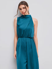 Satin High Neck Solid Zipper Pleated Wide Leg Jumpsuit