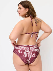 Paisley Halter Neckline Triangle Bikini Set With Sarong Curve & Plus