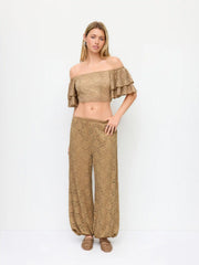 Lace Floral Mid Rise Elastic Waist Balloon Trousers