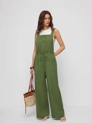 Linen-blend Square Neck Mid Rise Drawstring Oversized Wide Leg Jumpsuit