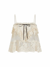 Cotton-blend Lace Bowknot Ruffle Sheer Oversized Crop Cami Top