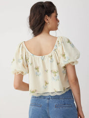 Chiffon Floral Bowknot Square Neck Puff Sleeve Oversized Crop Blouse