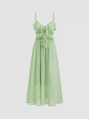 Chiffon V-neck Ruffle Lettuce Trim Knotted Maxi Dress