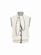 Knit High Neck Contrasting Binding Button Vest With Scarf