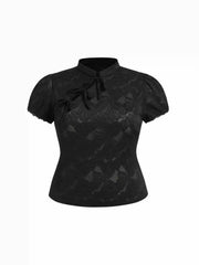Lace Floral Stand Collar Bowknot Puff Sleeve Top Curve & Plus
