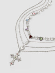 4PCS RHINESTONE DECOR CROSS & HEART & SQUARE PENDANT & HEART RHINESTONE & FAUX PEARL NECKLACE SET
