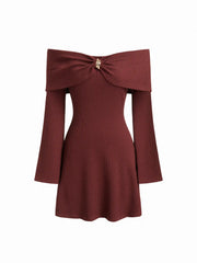 Off-Shoulder Bell Sleeve Metal Button Ribbed Mini Dress