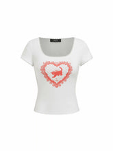 Cotton-blend Square Neck Animal Graphic Lace Trim Short Sleeve Tee