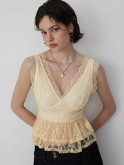 Lace V-neck Ruffle Peplum Hem Tank Top