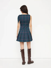 Plaid Boat Neck Bowknot Zipper Pleated Mini Dress