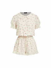 Floral Peter Pan Collar Puff Sleeve Lace Trim Mid Rise Romper