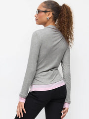 Wool-blend Stand Collar Bowknot Two Tone Long Sleeve Top