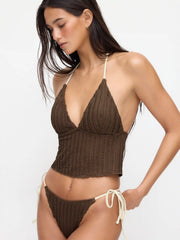 Texture Halter Neckline Lettuce Trim Knotted Tankini Tie Side Bikini Set With Sarong