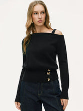 Knit Asymmetrical Neck Long Sleeve Metal Button Top