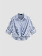 Cotton-blend Collar Striped Knotted Roll-up Long Sleeve Shirt