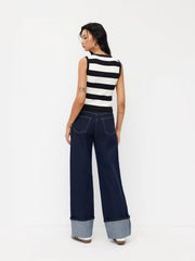 Knit Round Neckline Stripe Metal Button Tank Top