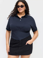 Cotton-blend Collar Lace Up Corset Side Striped Tee Curve & Plus