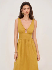 Linen-blend V-neck Beaded Cut Out Ruffle Maxi Dress