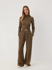 Cotton-blend High Neck Asymmetrical Hem Top & Mid Rise Straight Leg Trousers Set