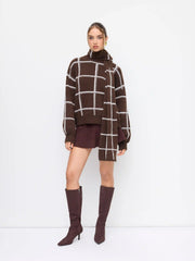 Knit Wool-blend Check Round Neckline Long Sleeve Top With Scarf