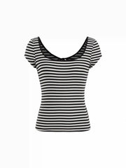 Striped Square Neck Cut Out Backless Short Sleeve Tee