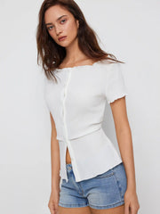 Textured Boat Neck Button Up Lettuce Trim Short Sleeve Top