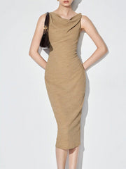 Textured Cowl Neck Bodycon Midi Dress