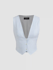 V-neck Striped Belted Vest With Mid Rise Striped Pocket Straight Leg Trousers
