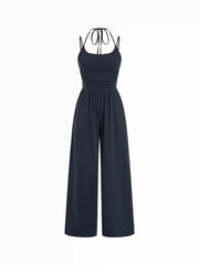 Cotton-blend Mid Rise Scoop Neck Twist Knotted Ruched Wide Leg Jumpsuit