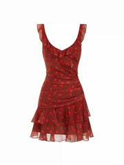 Burgundy Cherry Print Ruffled Sleeveless Dress - Ruched Waist Tiered Ruffle Hem Party Dress