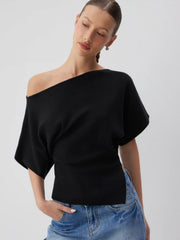 Knit Boat Neck Asymmetrical Hem Spilt Batwing Sleeve Top