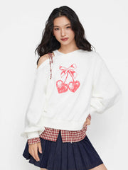 Two Tone Cotton Asymmetrical Neck Cherry Graphic Gingham Knotted Sweatshirt