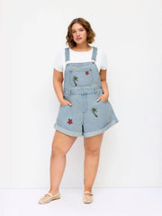 Denim Nature Embroidery Mid Rise Metal Detail Short Overalls Curve & Plus