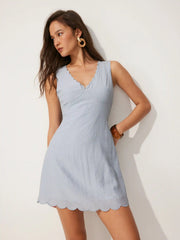 Linen-blend V-neck Scalloped Hem A-line Mini Dress