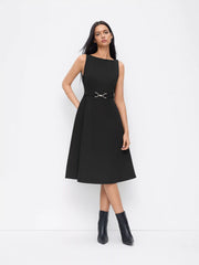 Boat Neck Ruffle A-line Midi Dress With Belt