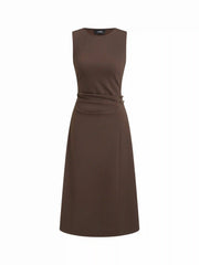 Round Neckline Belted Zip Through Ruched Midi Dress