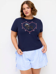 Cotton-blend Heart & Dog Graphic Embroidery Short Sleeve Top Curve & Plus