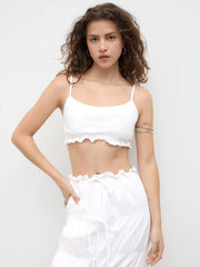 Cotton Lettuce Trim Crop Cami Top & Bowknot Shirred Midi Skirt Set