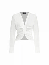 Cotton-blend V-neck Long Sleeve Ruched Blouse