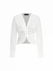 Cotton-blend V-neck Long Sleeve Ruched Blouse