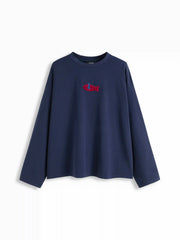 Cotton-blend Fish Embroidery Round Neckline Long Sleeve Oversized Tee