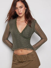 Lace V-Neck Wrap Long Sleeve Top