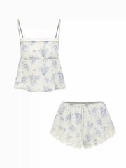 Satin Floral Lace Trim Cami Top & Mid Rise Shorts Loungewear Set