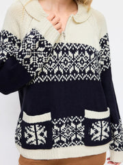 Knit Collar Aztec Half Zip Long Sleeve Top