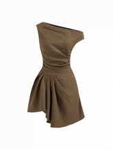 Asymmetrical Neck Check Ruched Pleated Tie Back Mini Dress