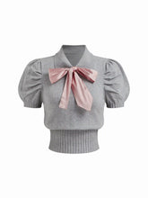 Knit Collar Puff Short Sleeve Bowknot Cinched Waist Top