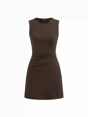 Round Neckline Belted Ruched Mini Dress