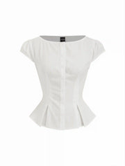 Cotton-blend Textured Boat Neck Puff Sleeve Button Through Peplum Blouse