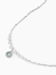 FAUX PEARL RHINESTONE AQUAMARINE PENDANT NECKLACE